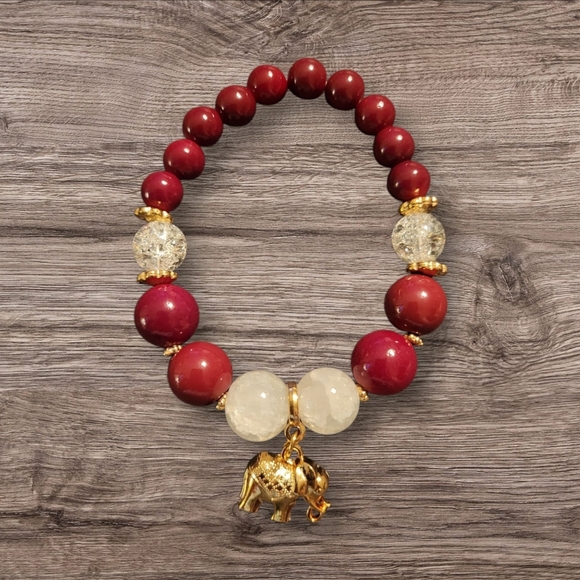 🩷3 for $15: Set of 2 Stretchy Bead Bracelets, Red & Gold, Elephant Charm, NWOT - Picture 2 of 4